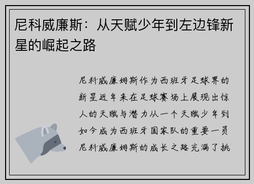 尼科威廉斯：从天赋少年到左边锋新星的崛起之路